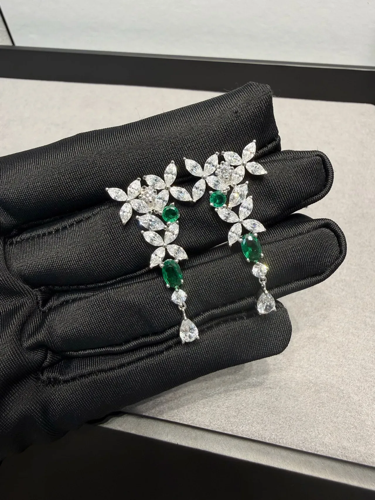 Floral Motif Marquise-Cut Green and Clear Stone Drop Earrings 4