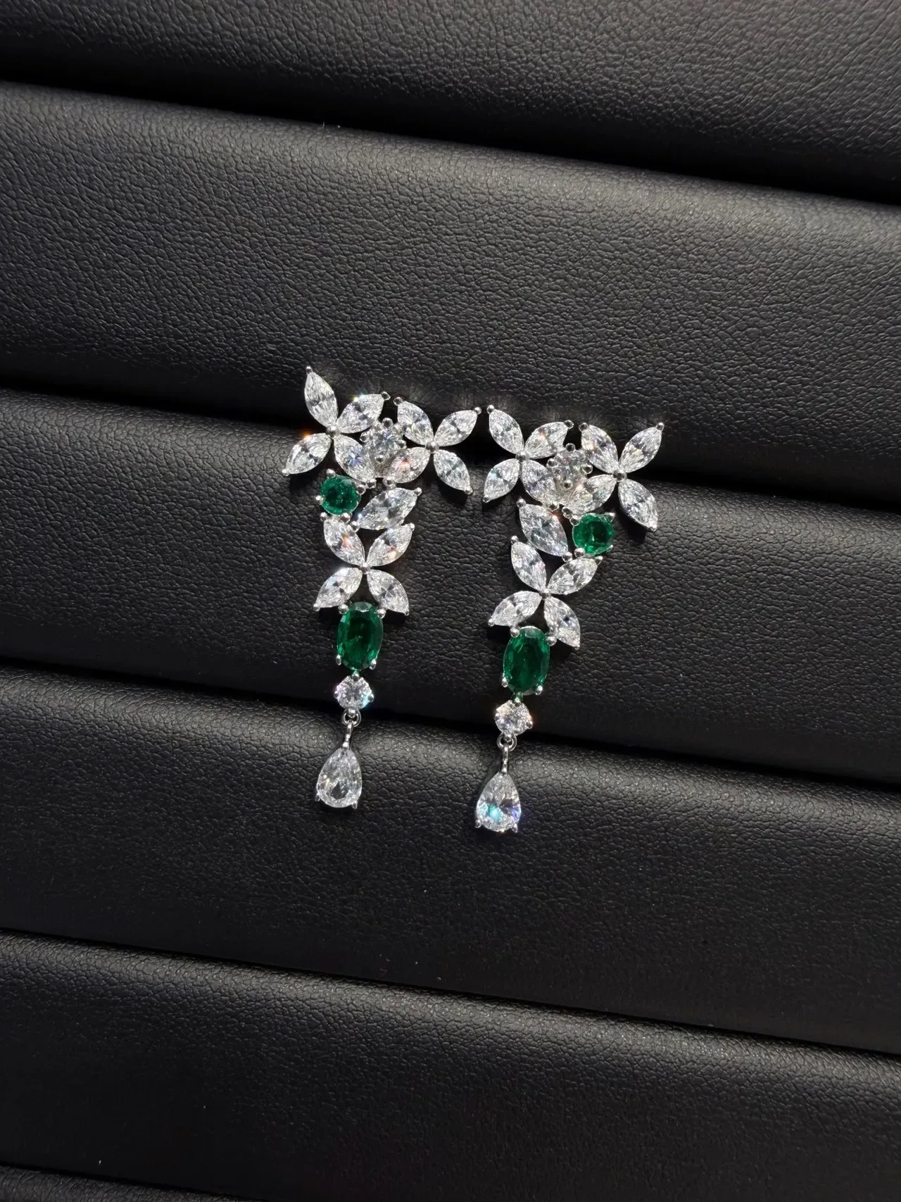 Floral Motif Marquise-Cut Green and Clear Stone Drop Earrings 9