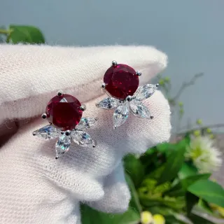 Floral Motif Round Red and Marquise Clear Stone Stud Earrings