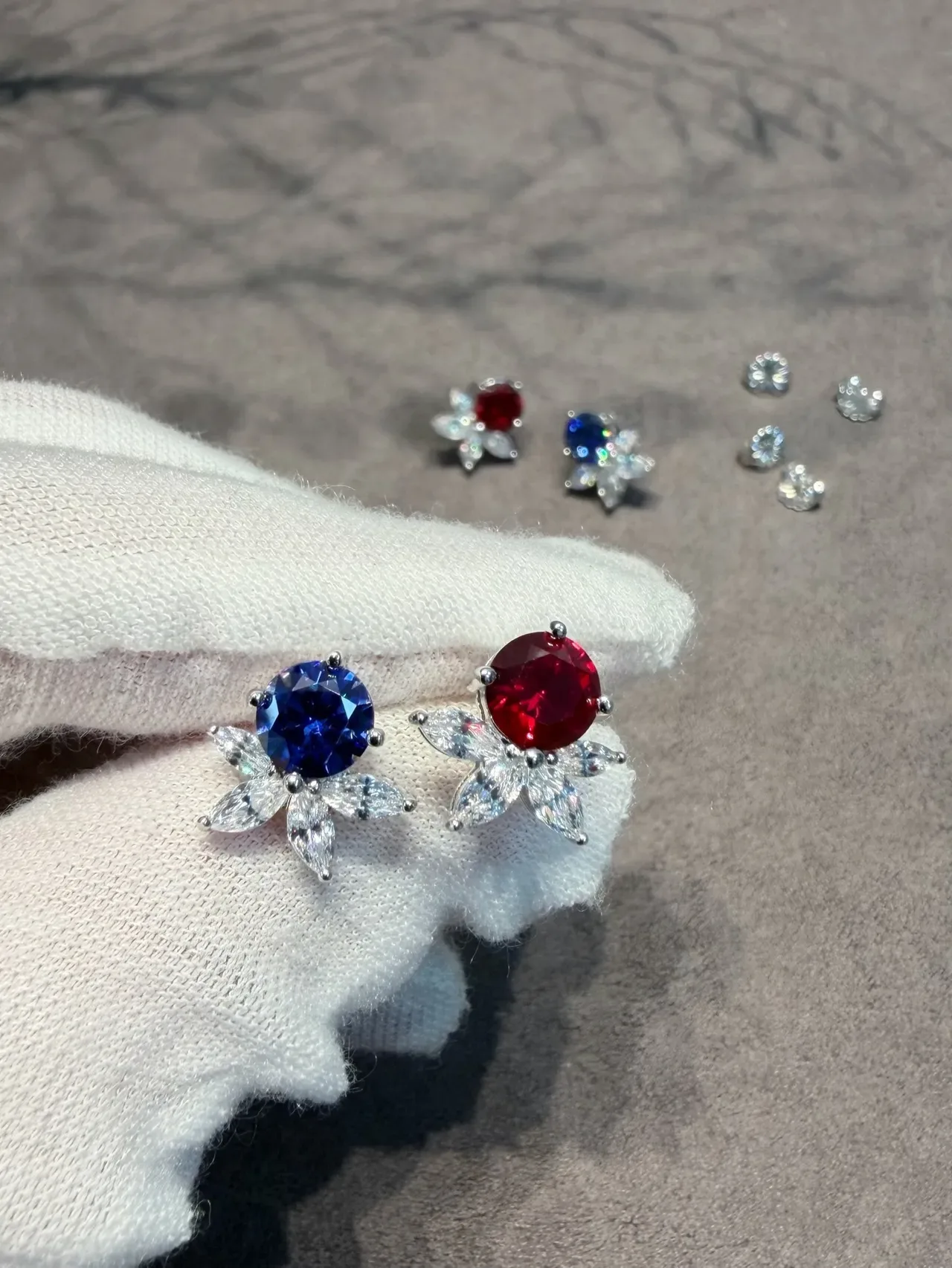 Floral Motif Round Red and Marquise Clear Stone Stud Earrings 3