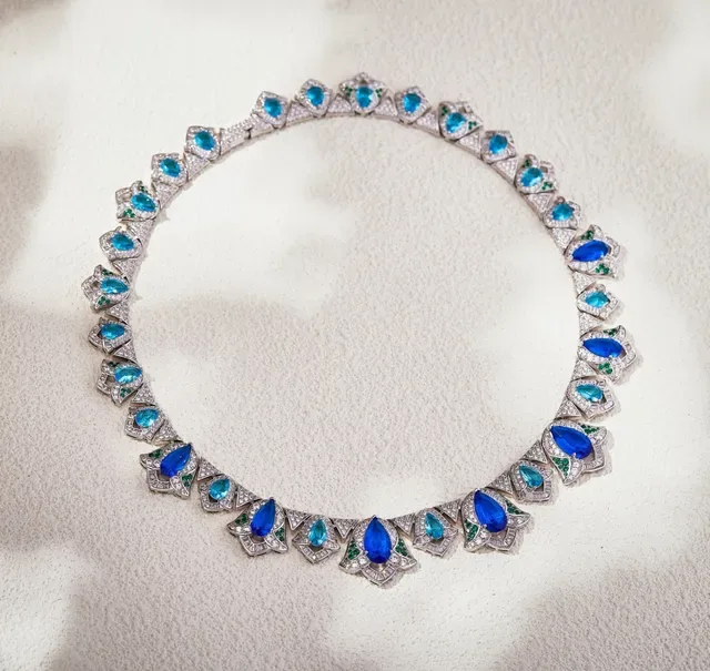 Gemstone-Encrusted Blue and Green Collar Necklace 4