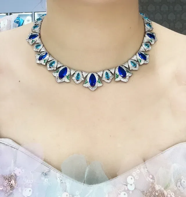 Gemstone-Encrusted Blue and Green Collar Necklace 6