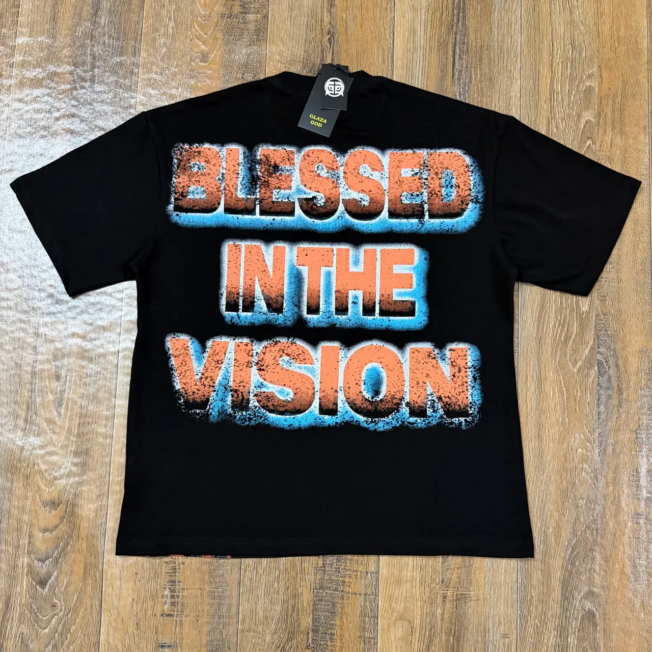 Glaza God Black Orange Graphic Print Distressed Typography T-Shirt 2