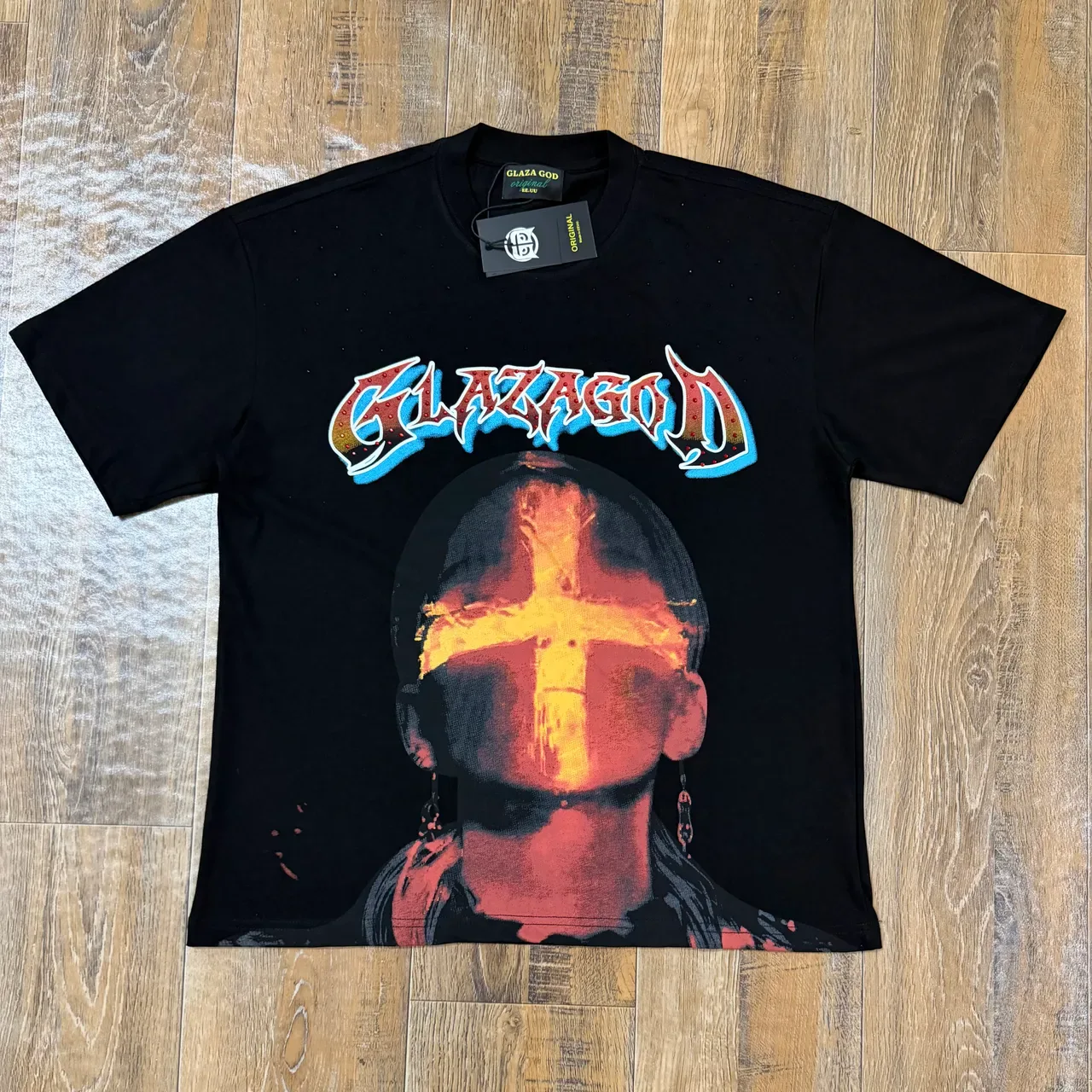 Glaza God Black Orange Graphic Print Distressed Typography T-Shirt 3