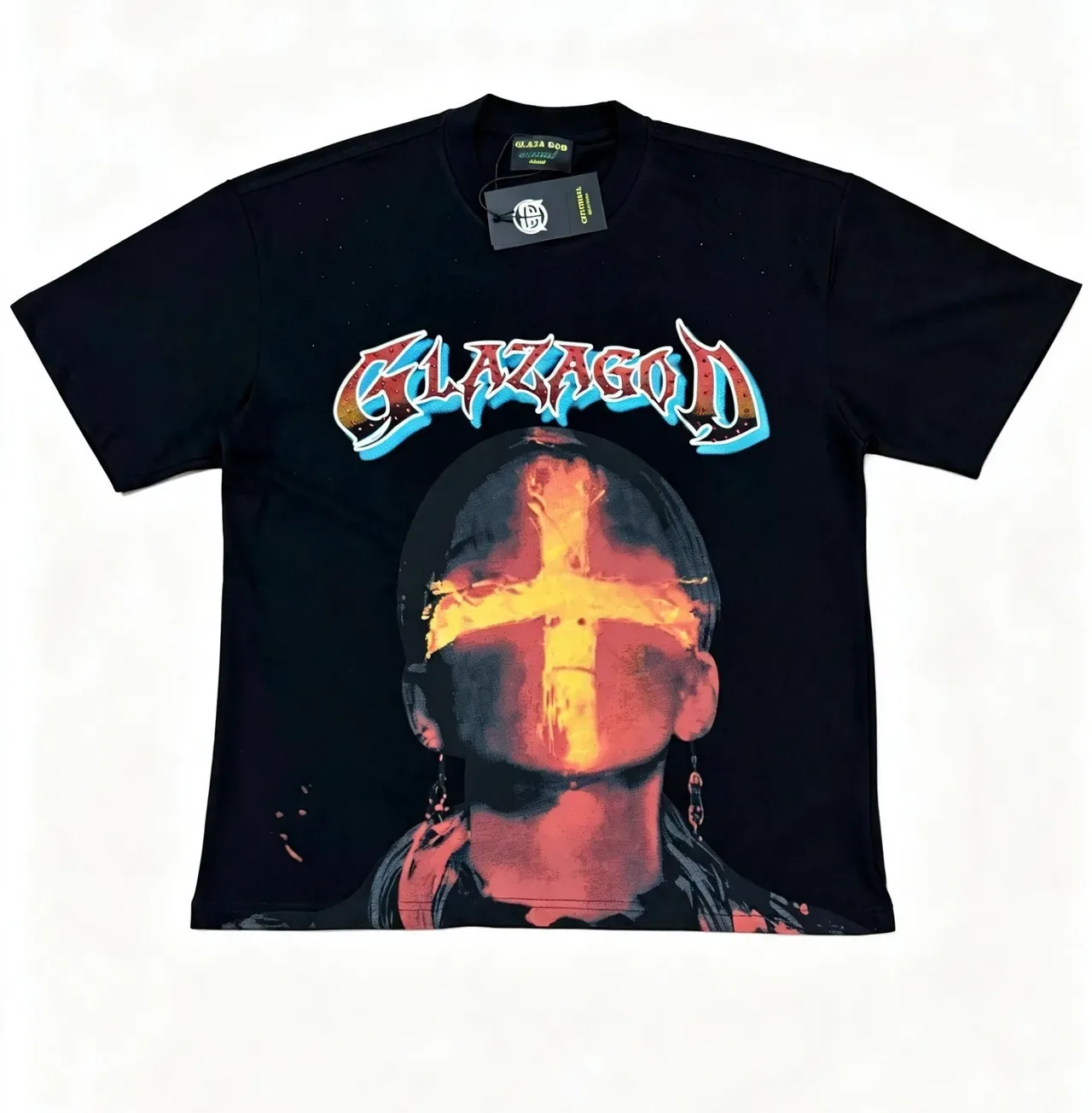 Glaza God Black Orange Graphic Print Distressed Typography T-Shirt 6