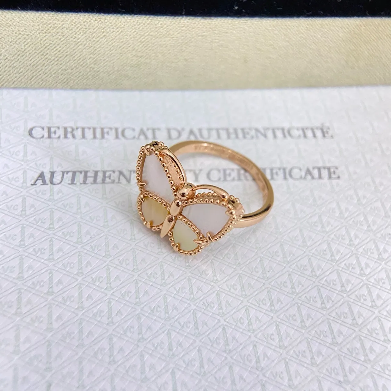 Gold Beige Butterfly Silhouette Beaded Bezel Edge Ring 2
