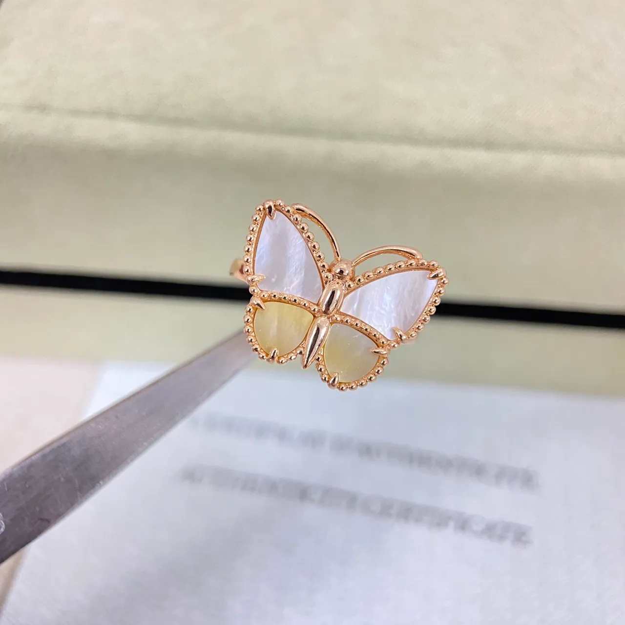 Gold Beige Butterfly Silhouette Beaded Bezel Edge Ring 3