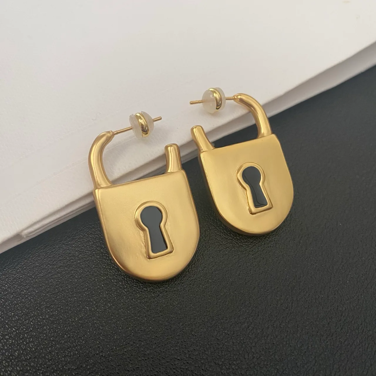 Gold Black Lock-Shaped Metal Earrings 3