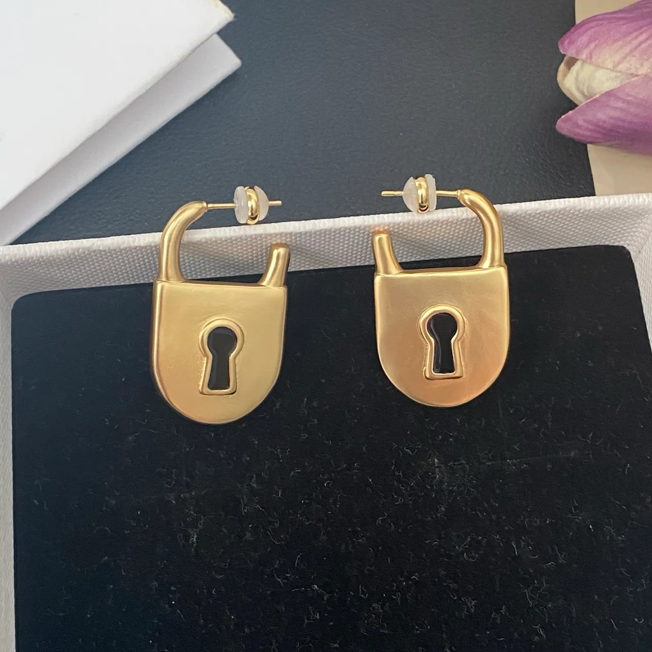 Gold Black Lock-Shaped Metal Earrings 4