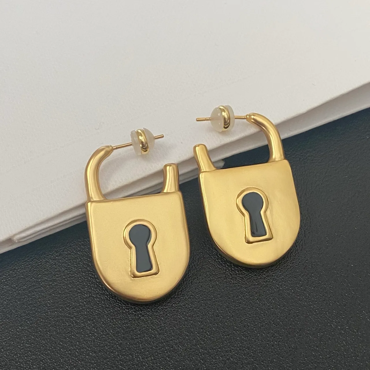 Gold Black Lock-Shaped Metal Earrings 5