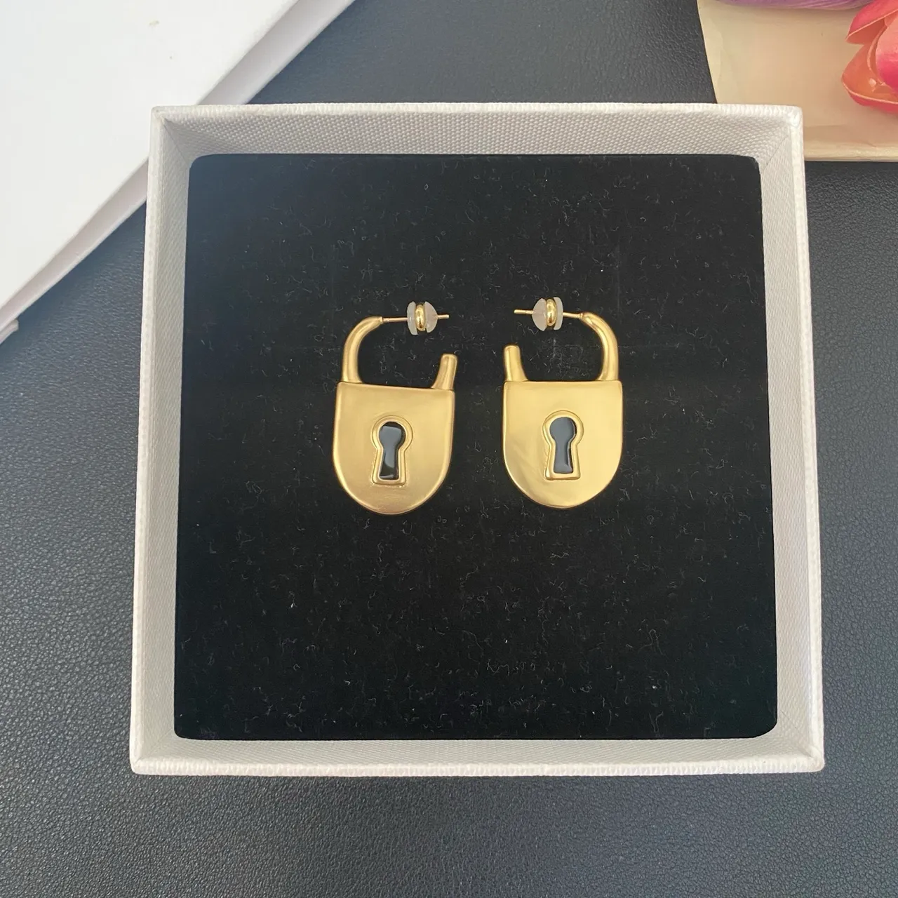 Gold Black Lock-Shaped Metal Earrings 6