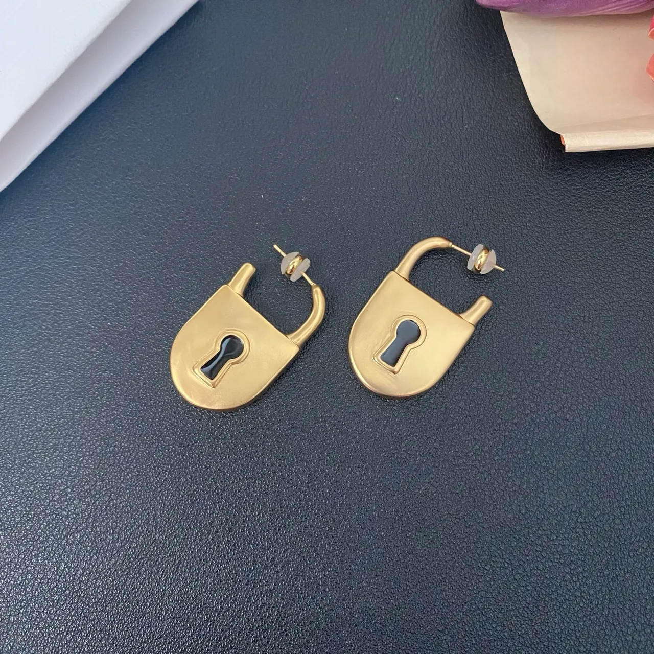 Gold Black Lock-Shaped Metal Earrings 7