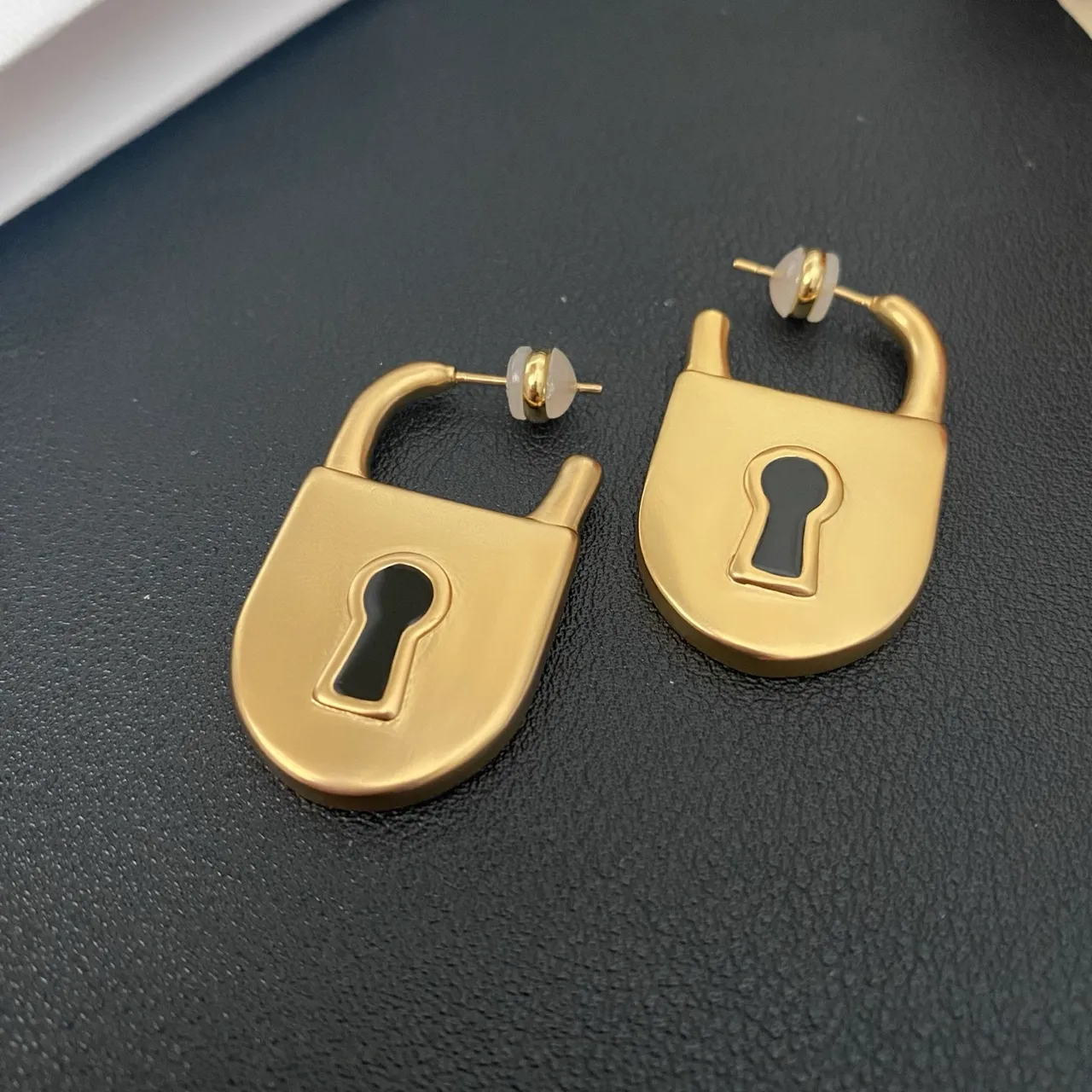 Gold Black Lock-Shaped Metal Earrings 8