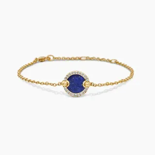 Pulseira de corrente dourada azul circular com cabochon de lápis lazúli