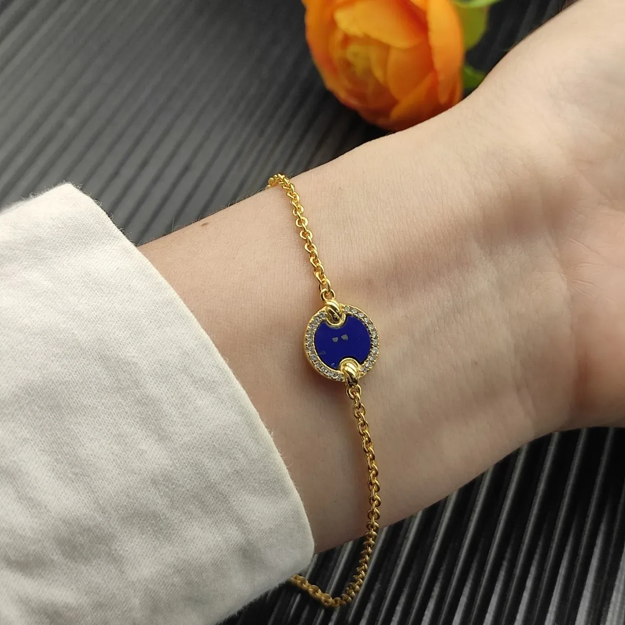 Gold Blue Chain Circular Lapis Lazuli Cabochon Bracelet 5