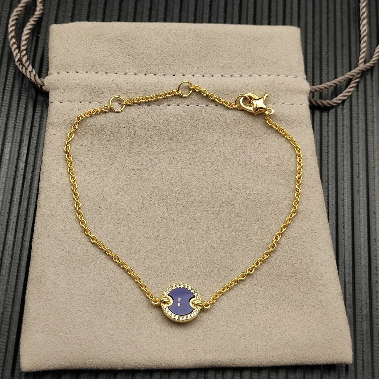 Gold Blue Chain Circular Lapis Lazuli Cabochon Bracelet 7