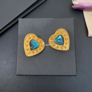 Gold Blue Heart-Shaped Metal Earrings