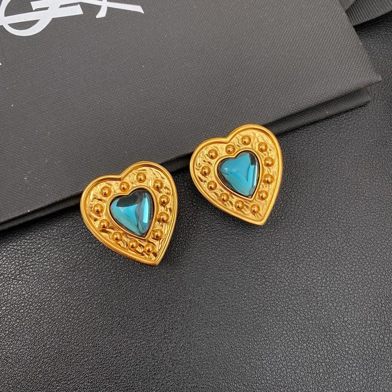 Gold Blue Heart-Shaped Metal Earrings 6