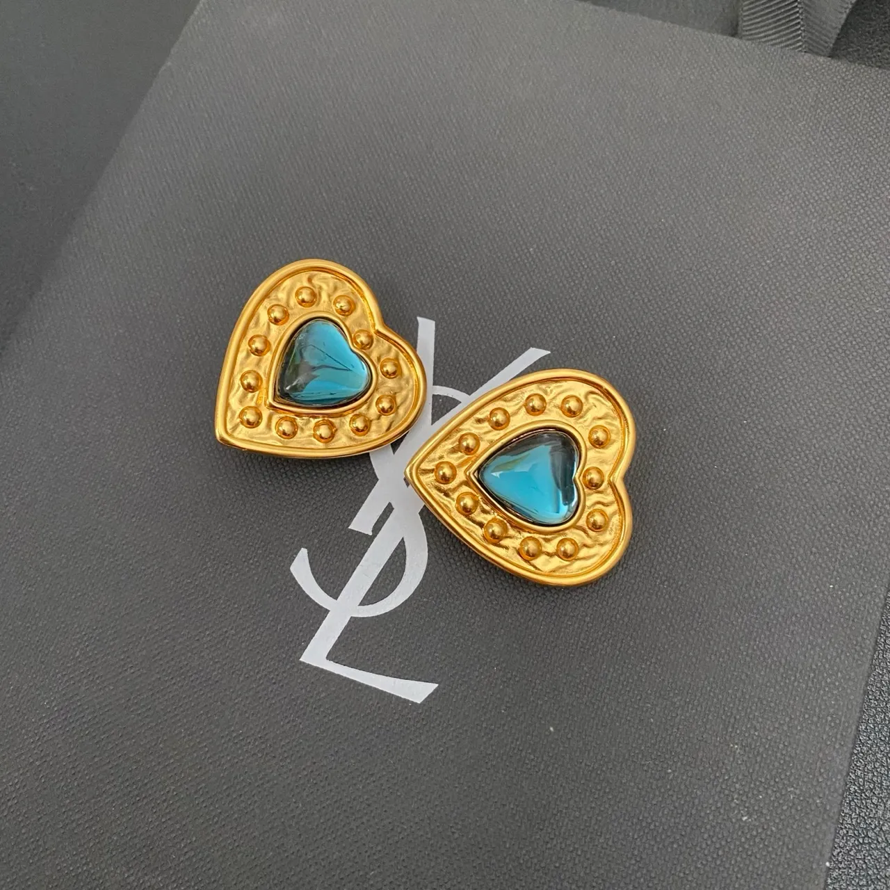 Gold Blue Heart-Shaped Metal Earrings 7
