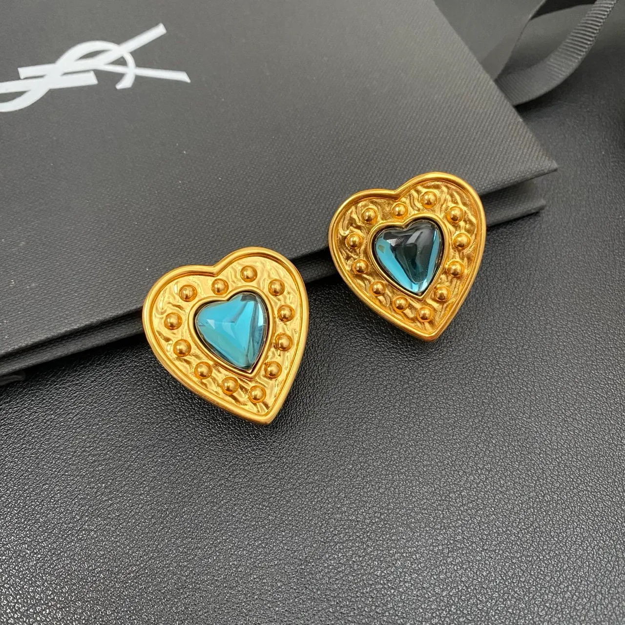 Gold Blue Heart-Shaped Metal Earrings 8