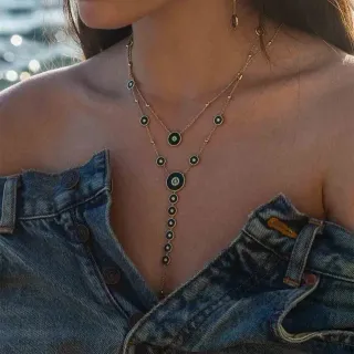 Collier Chaîne Dorée Pendentif Circulaire Émail Vert