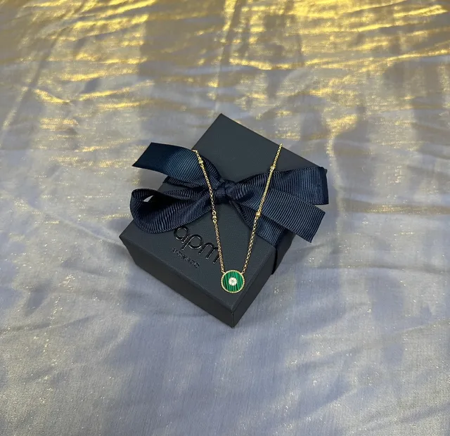 Gold Green Chain Circular Enamel Pendant Necklace 4