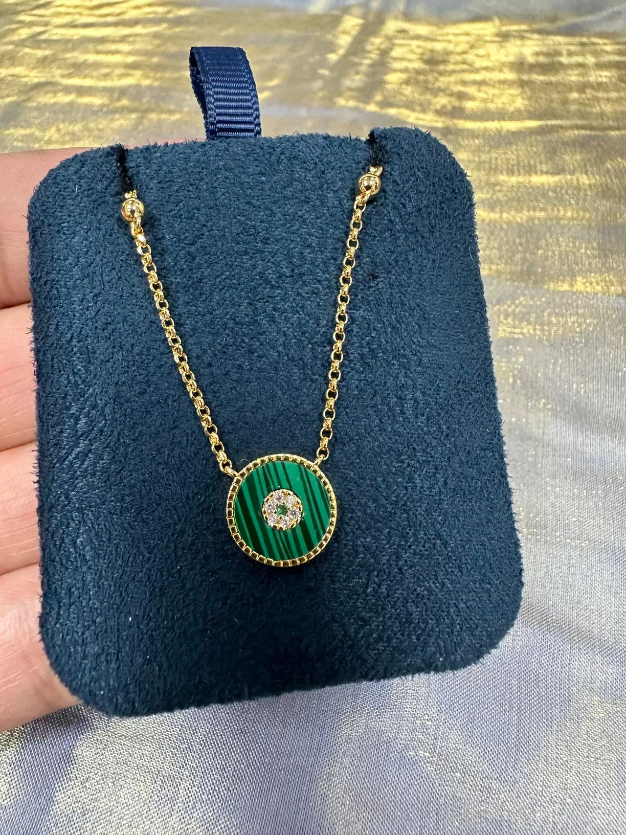 Gold Green Chain Circular Enamel Pendant Necklace 9