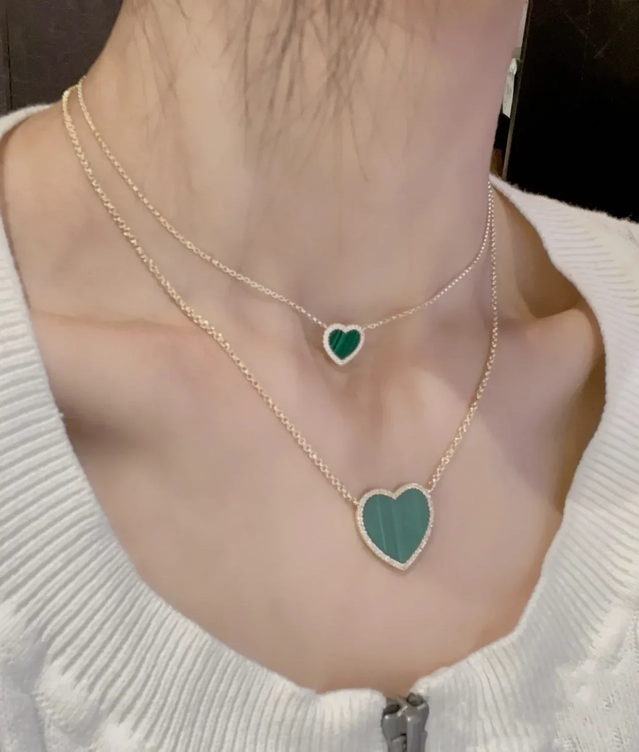 Gold Green Heart-Shaped Pendant Pavé-Set Border Necklace 3
