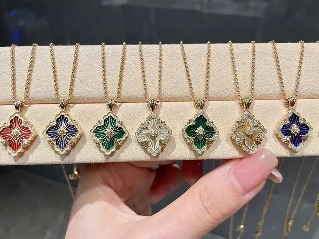 Gold Multicolor Flower-Shaped Enamel Pendant Chain Necklace 6