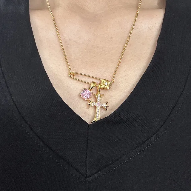 Gold Multicolor Safety-Pin Clasp Faceted Square Gemstone Necklace 2
