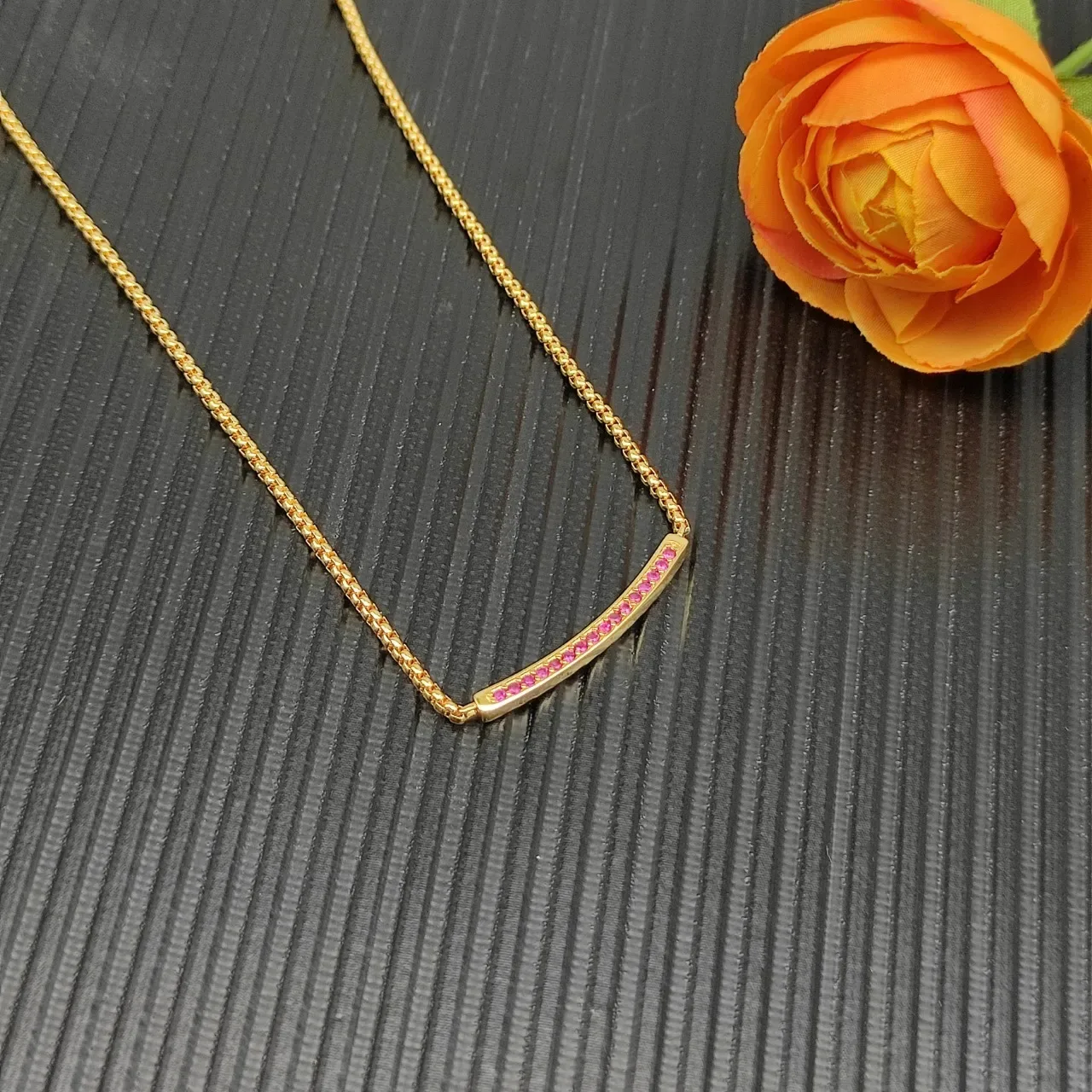 Gold Pink Curved Bar Pendant Pavé-Set Gemstones Necklace 6