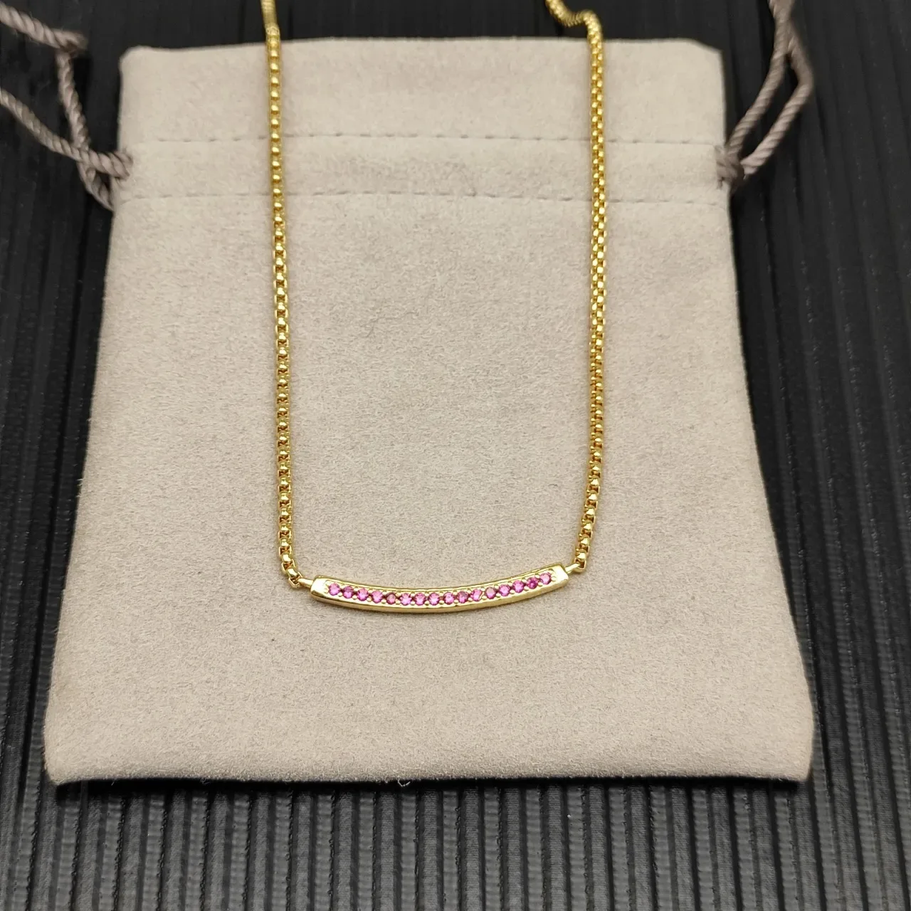 Gold Pink Curved Bar Pendant Pavé-Set Gemstones Necklace 8