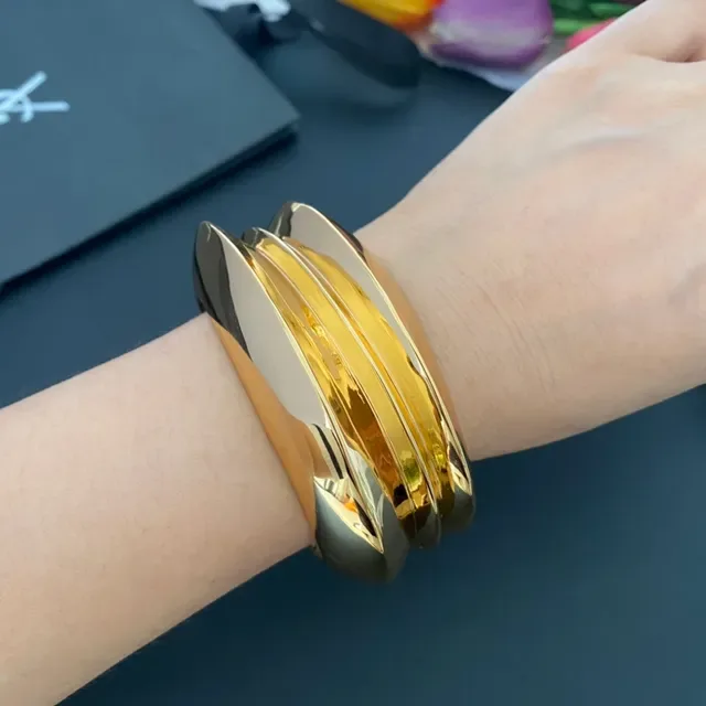 Gold Polished Layered Curved Open Cuff Bracelet 2