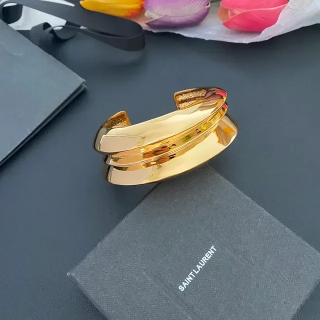 Gold Polished Layered Curved Open Cuff Bracelet 9