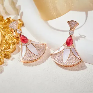Gold Red Fan-Shaped Pavé-Set Crystal Earrings