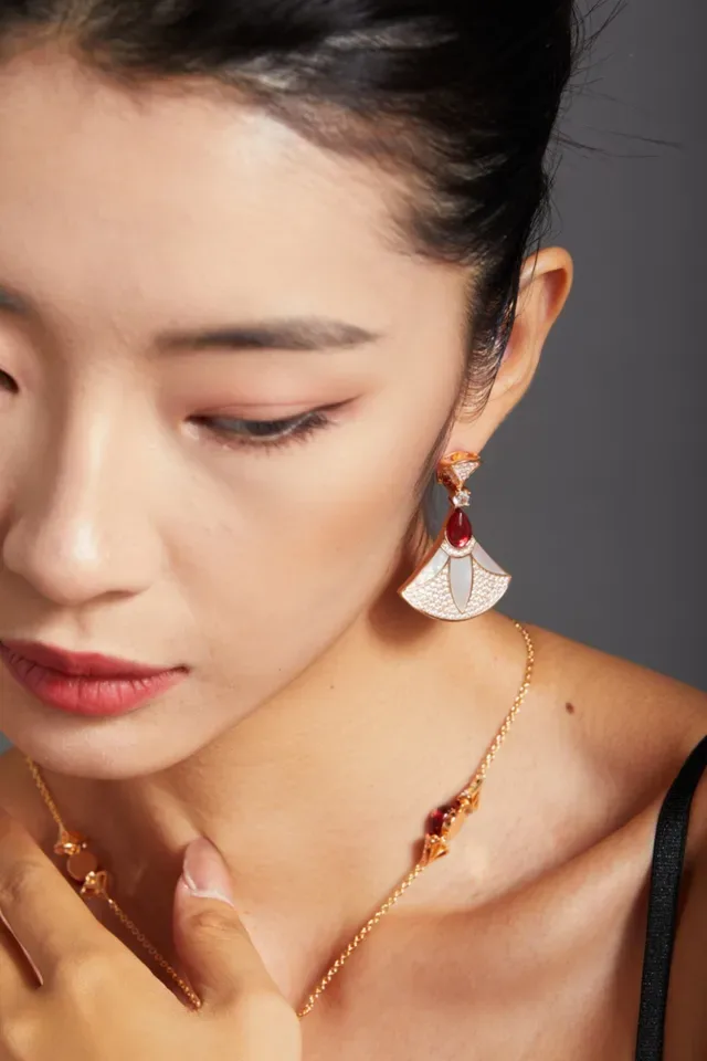 Gold Red Fan-Shaped Pavé-Set Crystal Earrings 2