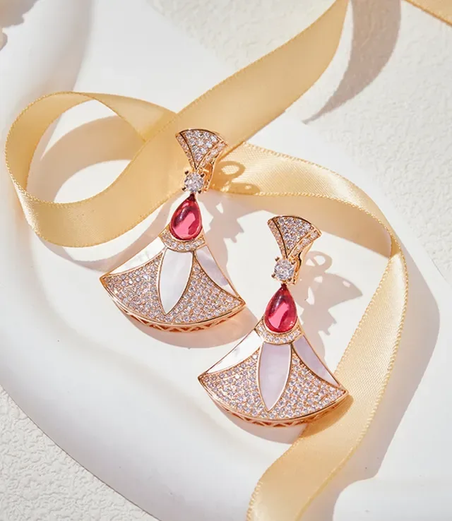 Gold Red Fan-Shaped Pavé-Set Crystal Earrings 3