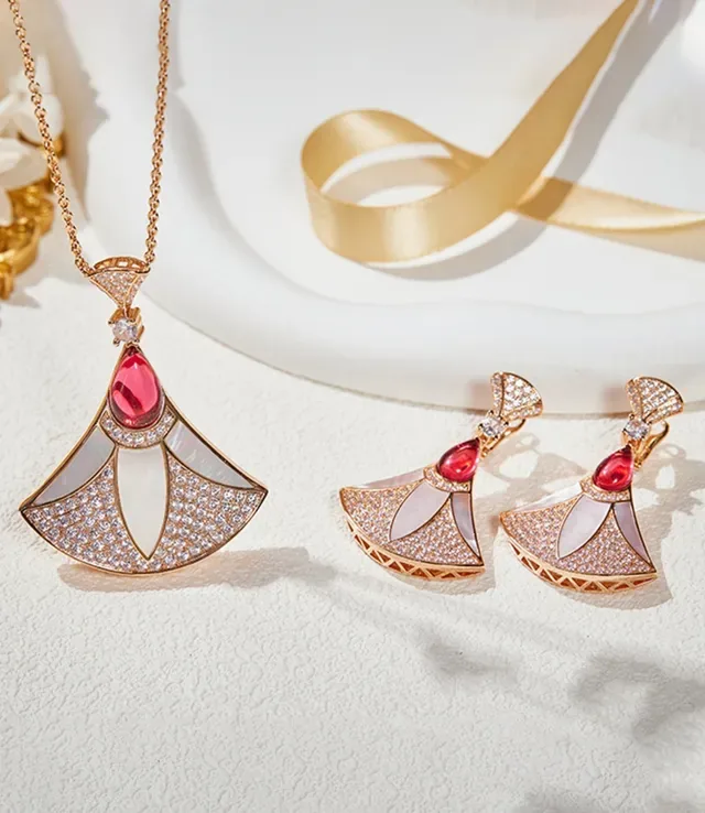 Gold Red Fan-Shaped Pavé-Set Crystal Earrings 4