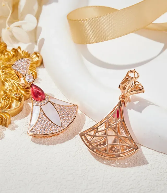 Gold Red Fan-Shaped Pavé-Set Crystal Earrings 7