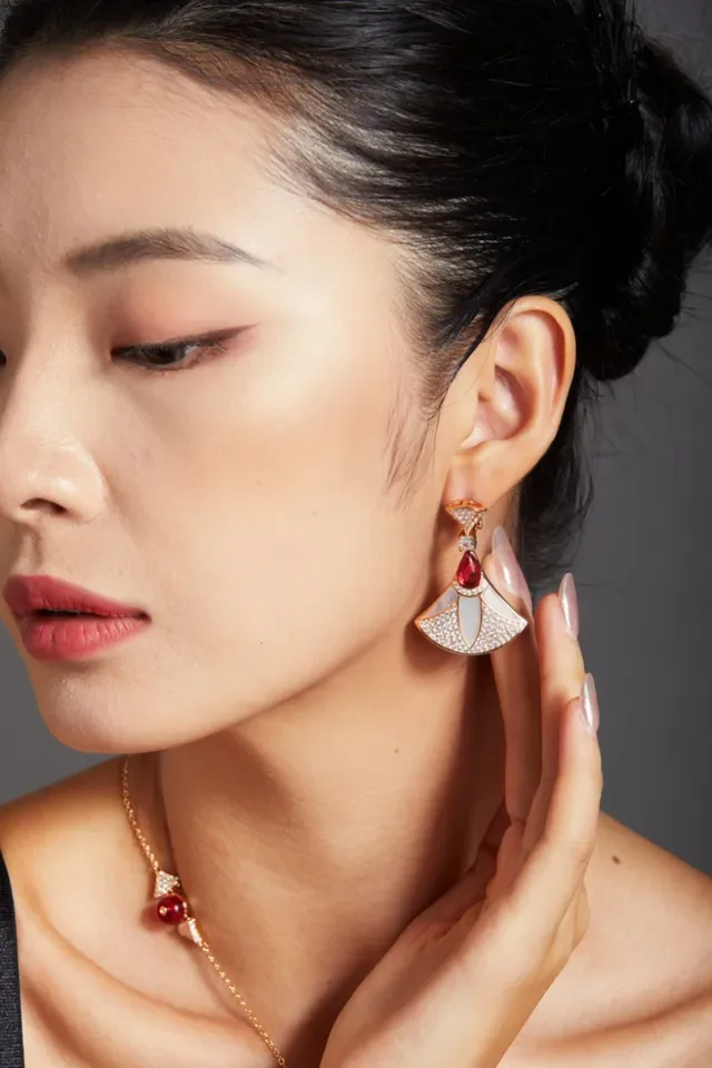 Gold Red Fan-Shaped Pavé-Set Crystal Earrings 8