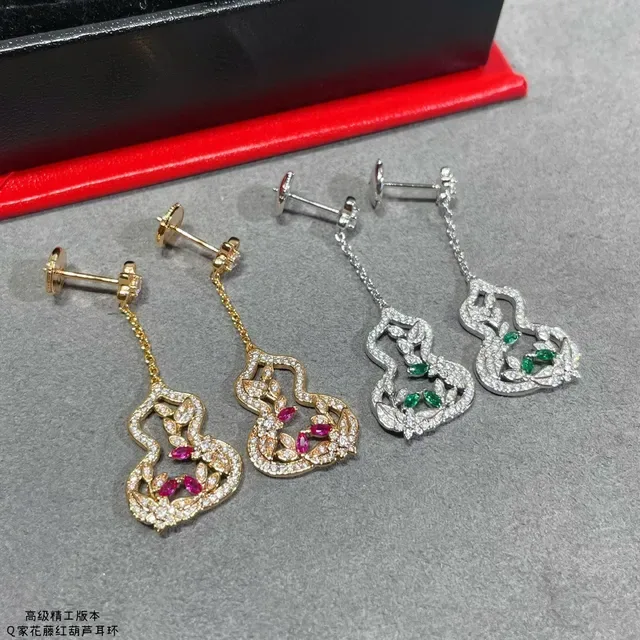 Gold Red Filigree Gourd-Shaped Pendant Earrings 3