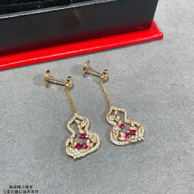 Gold Red Filigree Gourd-Shaped Pendant Earrings 7