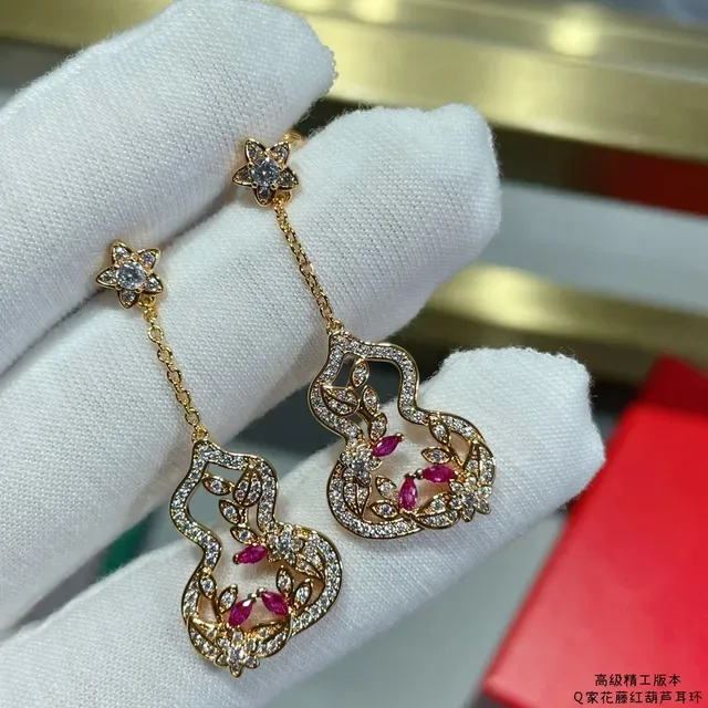 Gold Red Filigree Gourd-Shaped Pendant Earrings 8