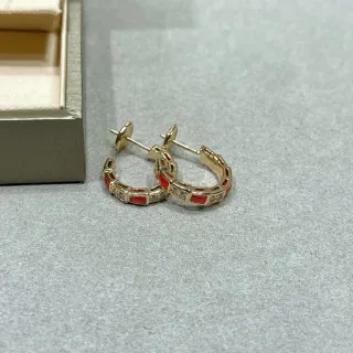 Gold Red Geometric Segmented Hoop Enamel Inlay Earrings