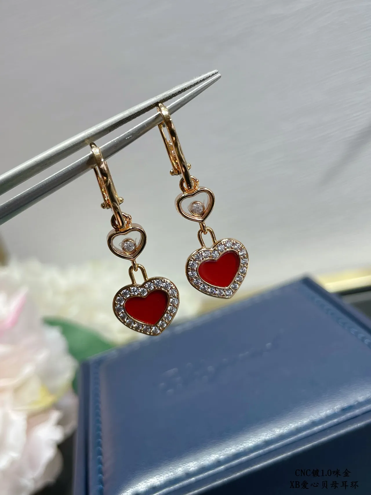 Gold Red Heart-Shaped Pendant Pavé Crystal Border Earrings 5