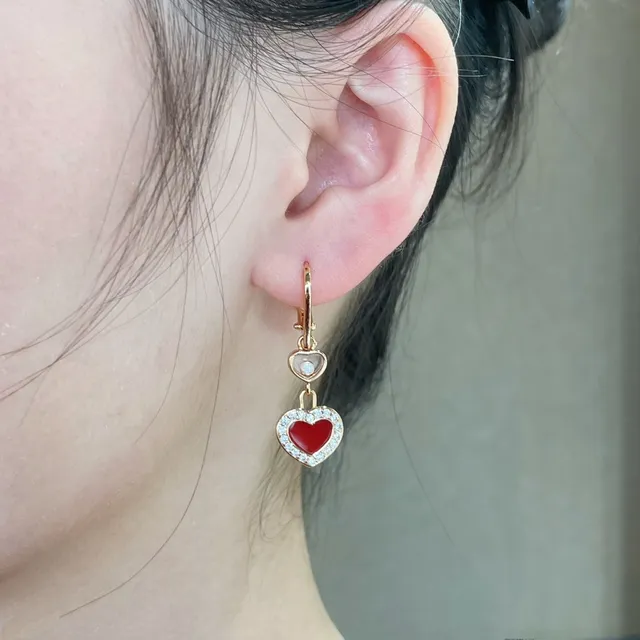 Gold Red Heart-Shaped Pendant Pavé Crystal Border Earrings 9