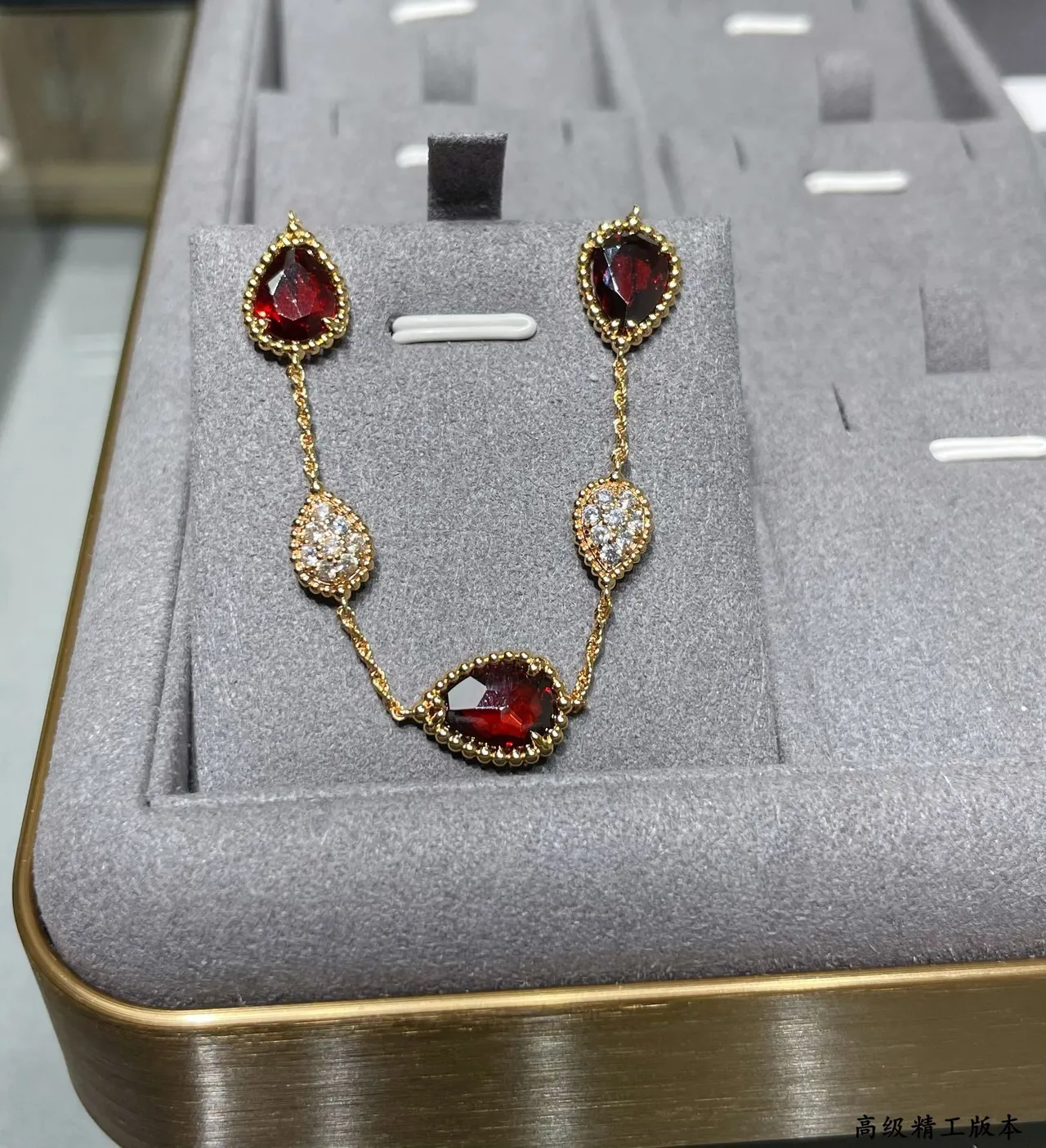 Gold Red Twisted Rope Chain Teardrop Gemstones Bracelet 3