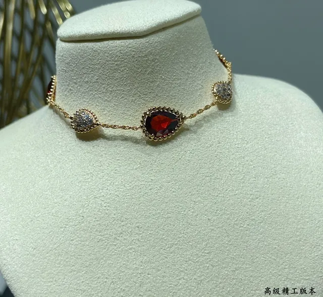 Gold Red Twisted Rope Chain Teardrop Gemstones Bracelet 7