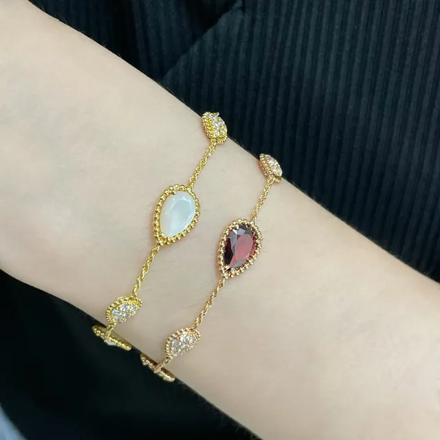 Gold Red Twisted Rope Chain Teardrop Gemstones Bracelet 9