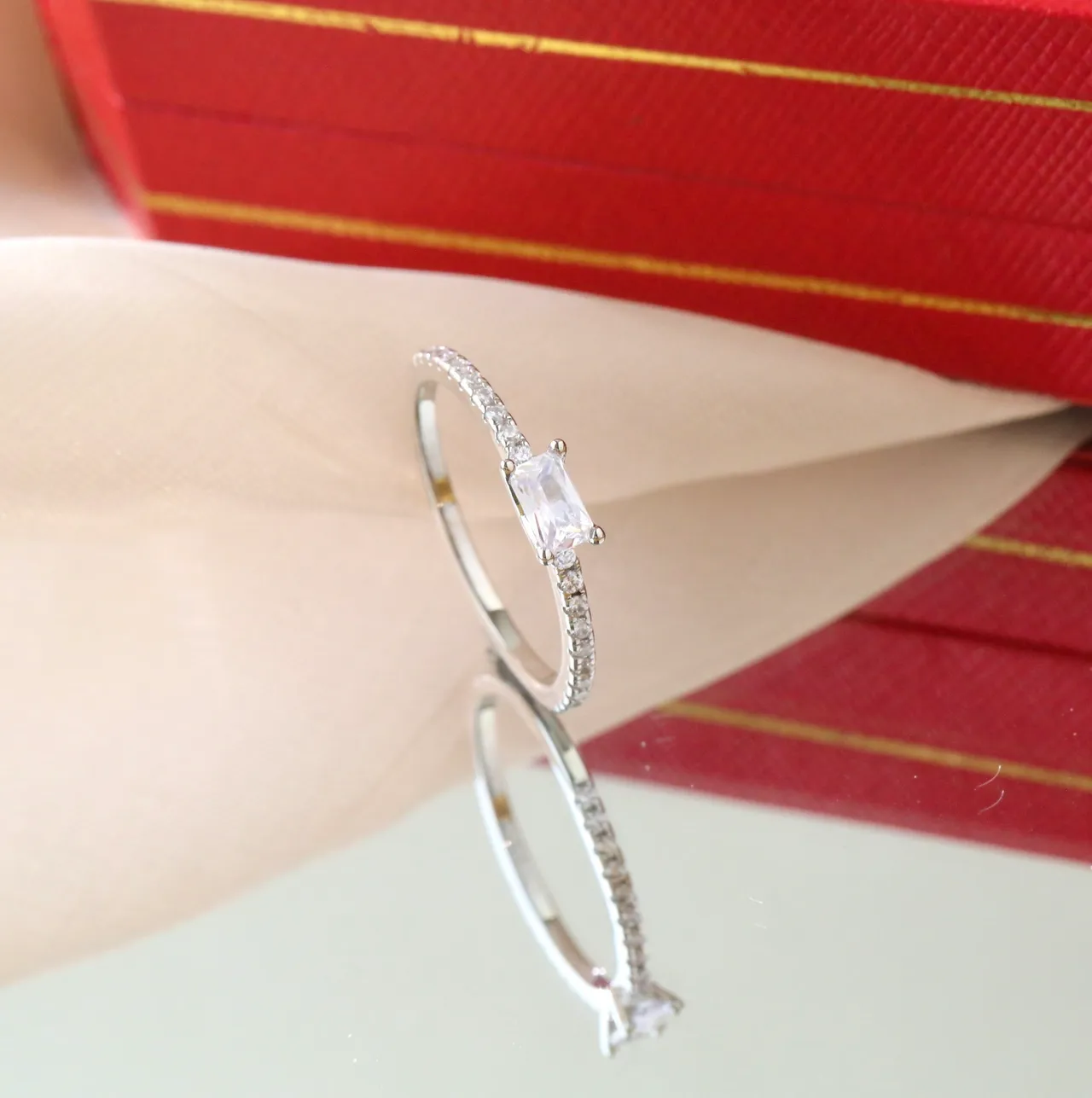 Gold Silver Emerald-Cut Center Stone Pavé Band Ring 6